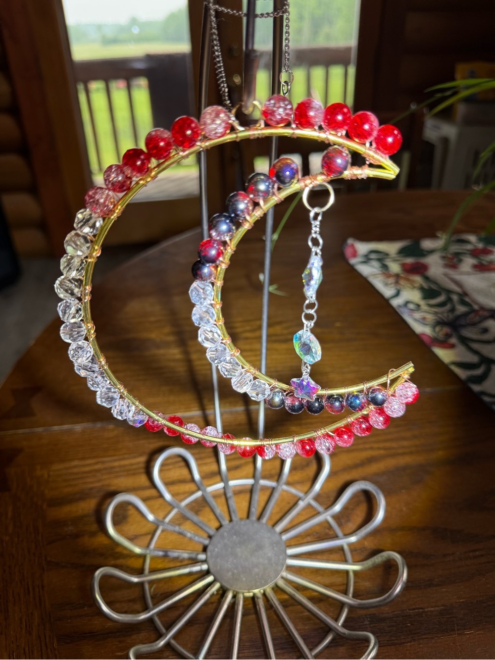 Gold Moon Sun Catcher with Red and Clear Beads
